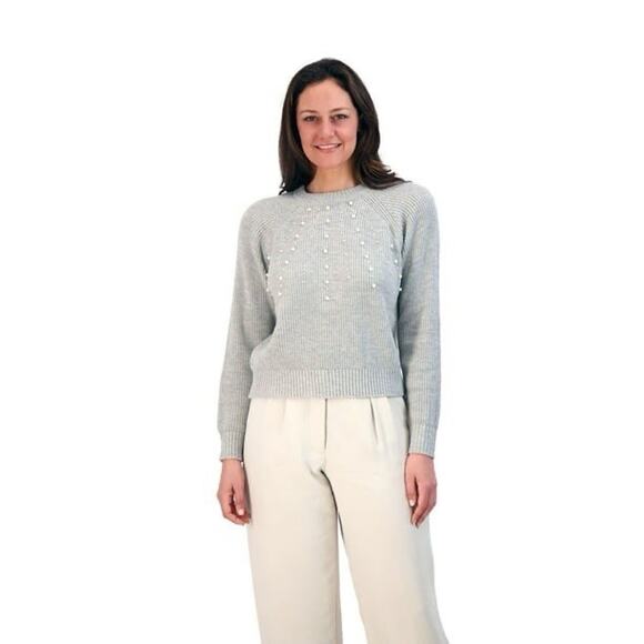 French Connection Women's Embellished Pearl Crewneck Pullover Sweater Gray Large - Picture 2 of 16